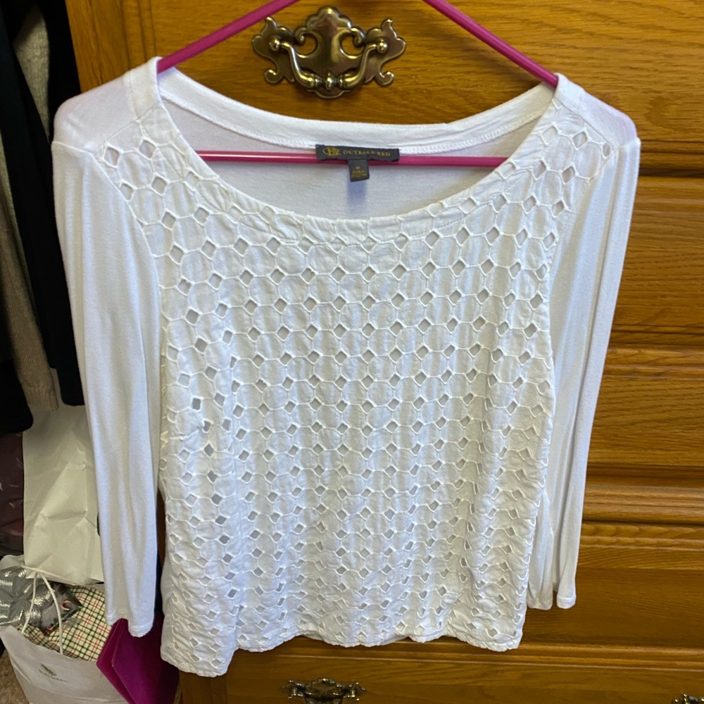 Outback Red White Cropped 3/4 Sleeve Embellished Blouse